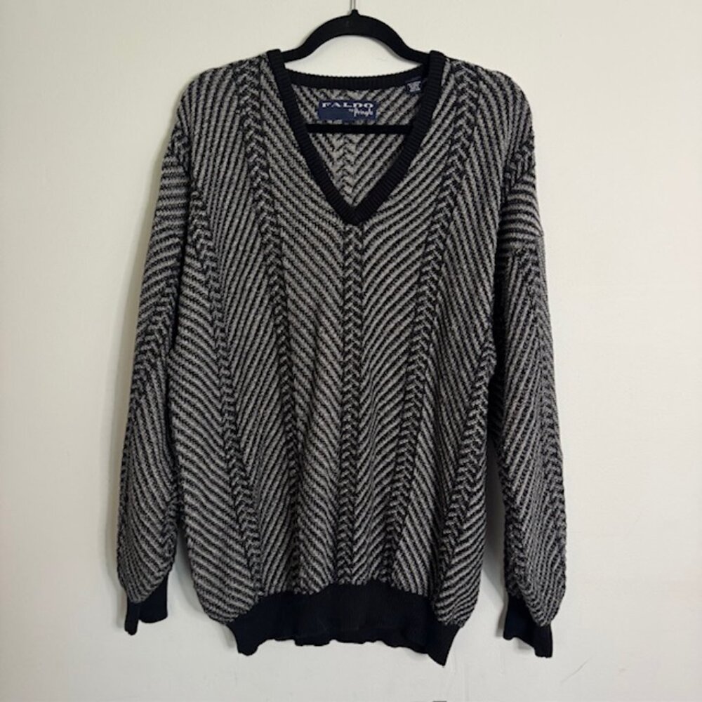 Vintage Men's Faldo by Pringle V-Neck Black and Gray Sweater Size XL